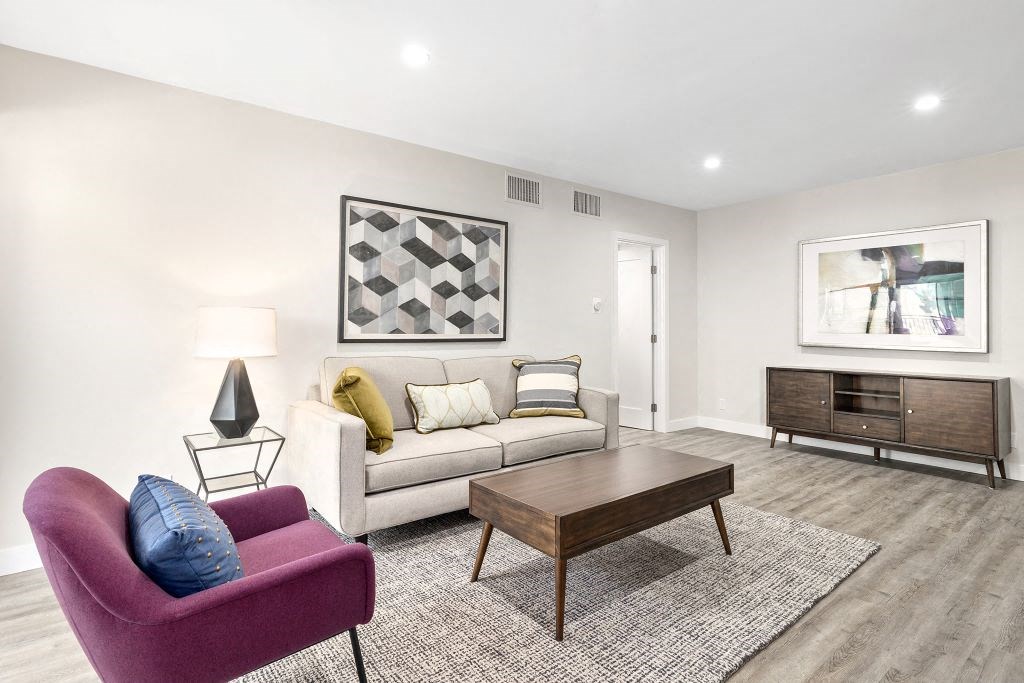 Living Room with Wood Floors at Brookside Terrace Apartments, Encino California