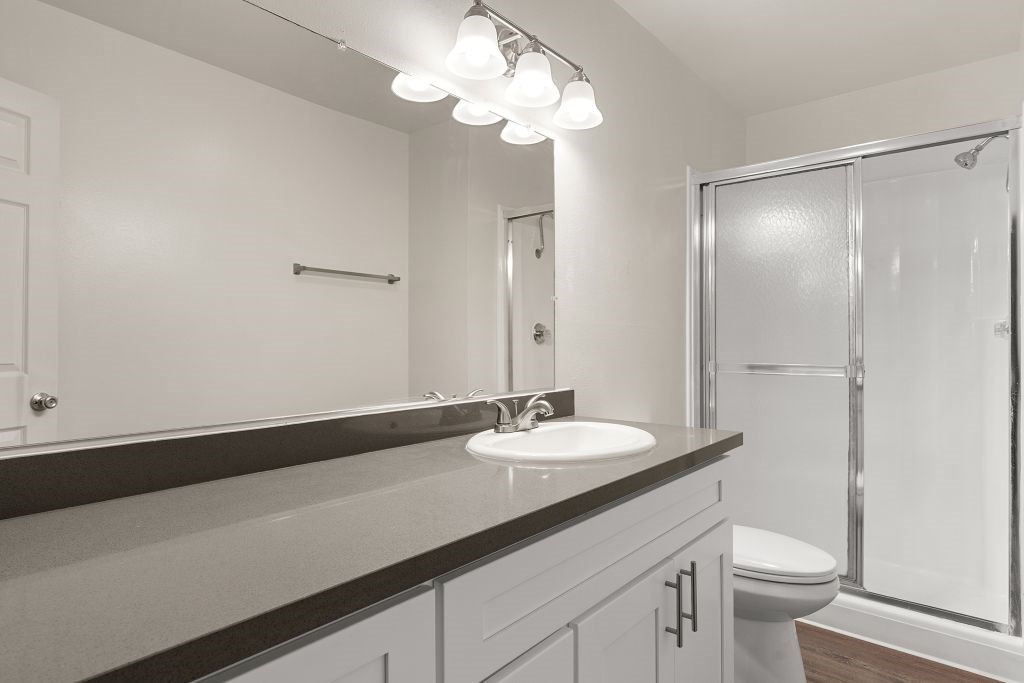 A bathroom with a sink, toilet, and shower.