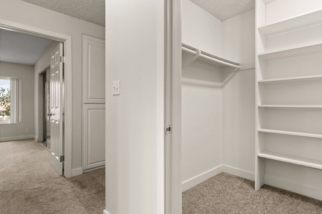 A white closet with shelves and an open door.