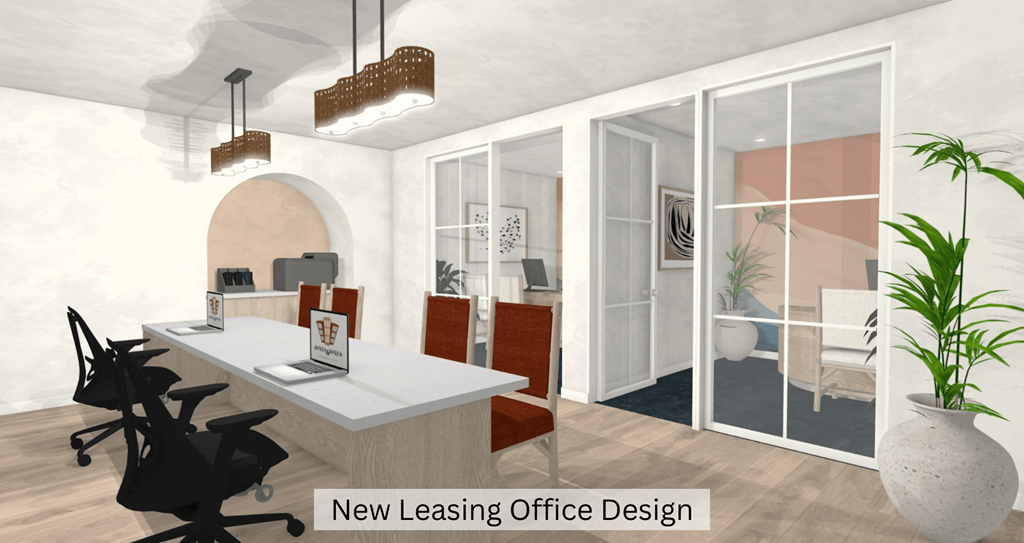 a 3d rendering of an office with a desk and chairs at Casa De Marina Apartments, Los Angeles, California