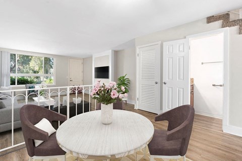 Virtually Staged Dining and Living Area at Parkway Plaza Apartments, Culver City, 90230