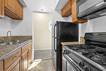 A kitchen with a black refrigerator and stove.