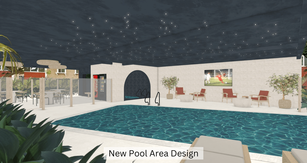 a new pool area design for a pool house at Casa De Marina Apartments, Los Angeles, CA