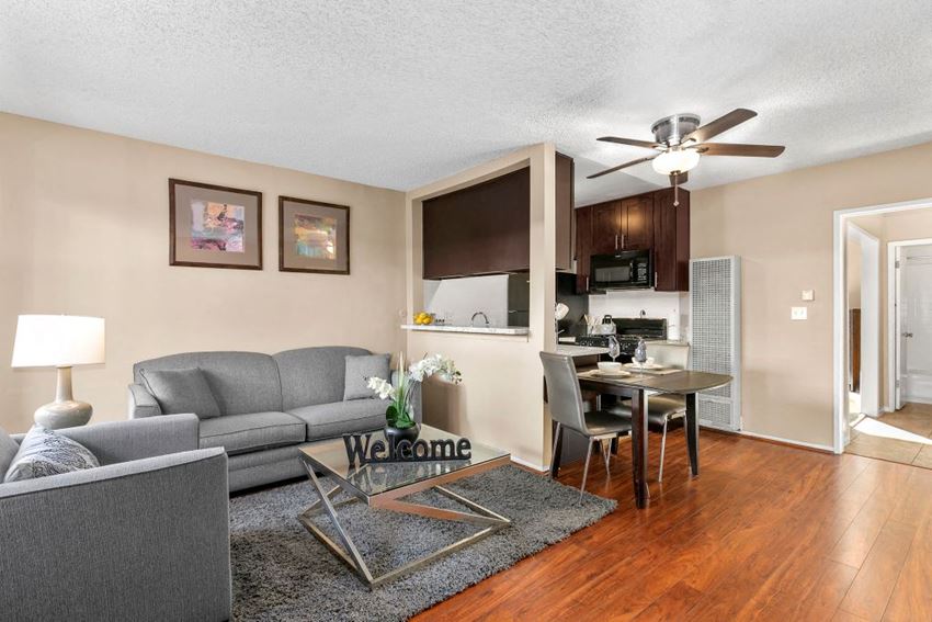 Valley Village CA Apartments - Open Space Living Room with Hardwood Floor and Stylish Interiors - Photo Gallery 1