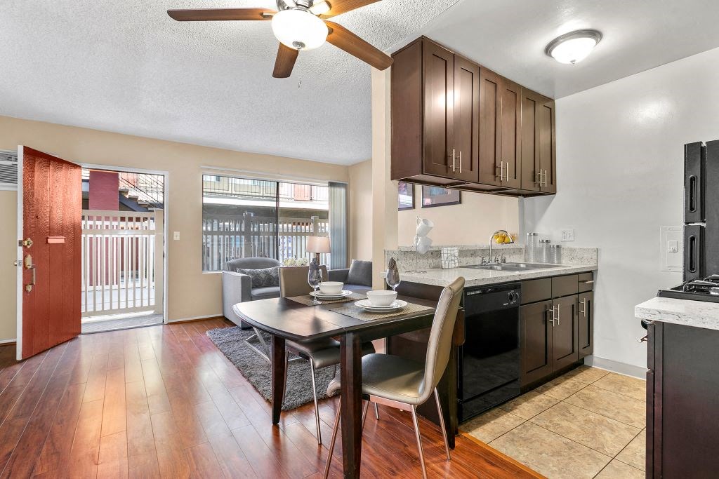 Valley Village Apartments for Rent - Riverside Villa - Dining Area off of Kitchen and Living Room with Wood-Style Flooring