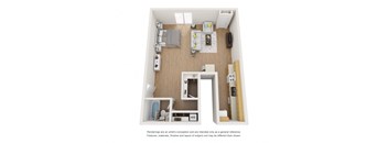 a stylized floor plan with a bedroom and a living room