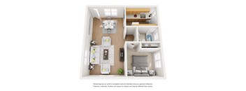 A 3D rendered image of a modern apartment layout.