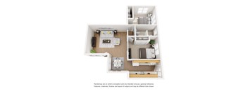 A white floor plan of a small apartment with a kitchen, living room, and bedroom.