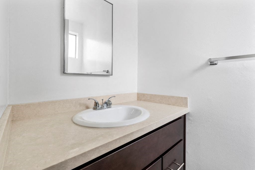 a bathroom with a sink and a mirror