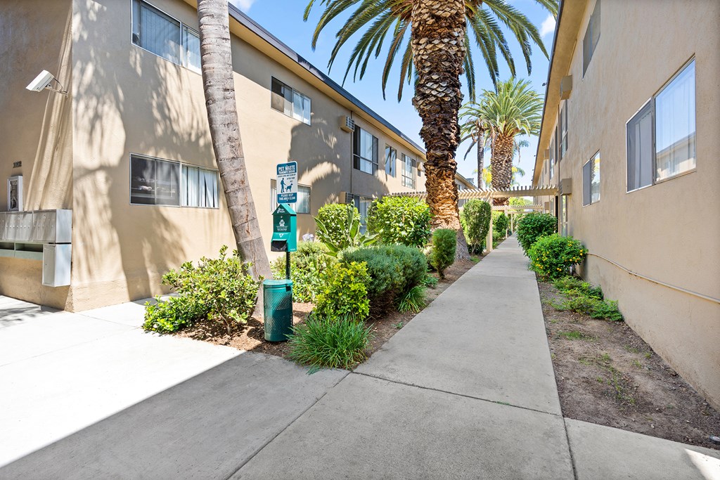 Exterior walkway at Parthenia Terrace Apartments, Canoga Park