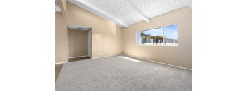 an empty living room with carpet and a large window
