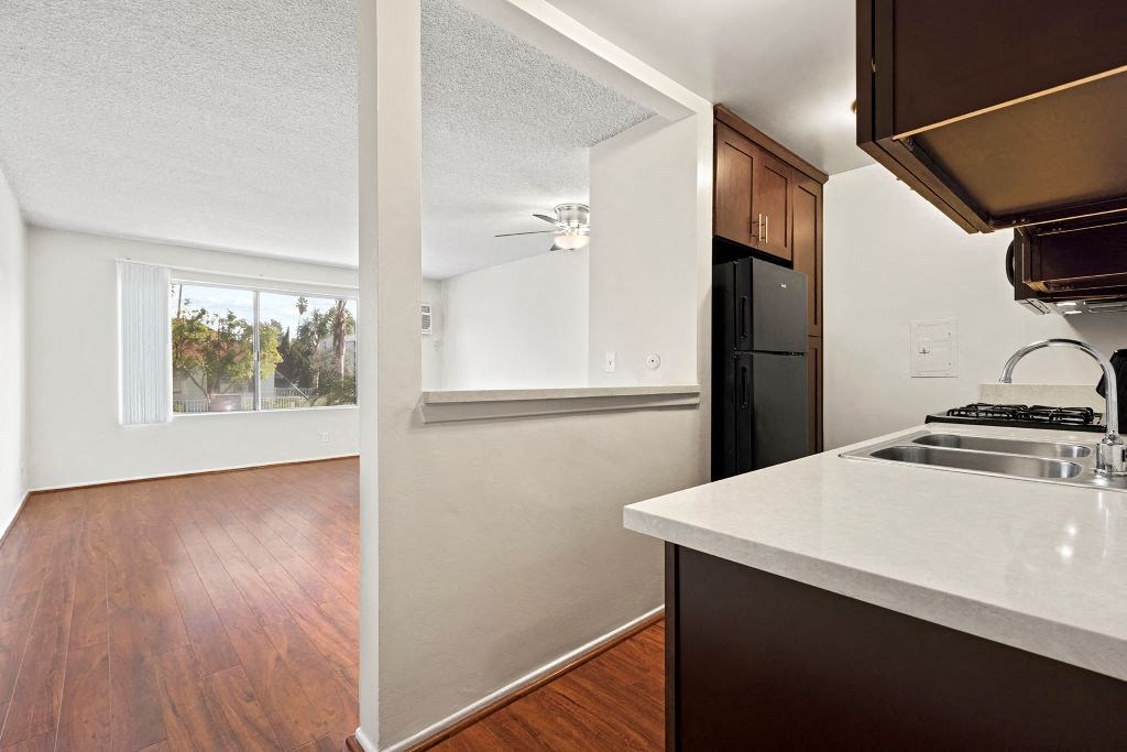 Kitchen with Updated Cabinets and Countertops at Riverside Villas Apartments, Valley Village, 91602