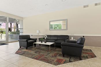a living room with black leather furniture and a rug