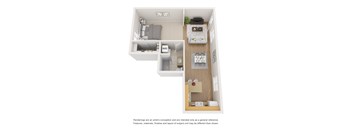 A floor plan of a small apartment with a kitchen, living room, and bathroom.