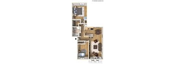 A floor plan of a small apartment with a kitchen, living room, and bedroom.