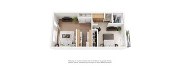 A top-down view of a modern apartment with a living room, kitchen, and bedroom.