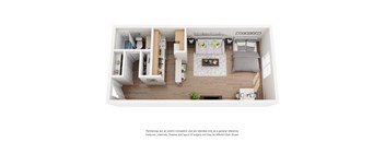 A top-down view of a small apartment with a kitchen, living room, and bedroom.