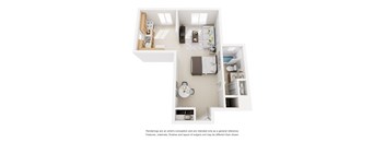 A top-down view of a small apartment with a kitchen, living room, and bedroom.