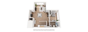 A floor plan of a small apartment with a kitchen, living room, and bedroom.