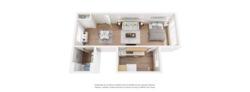 A top-down view of a living room with a couch, coffee table, and kitchen area.