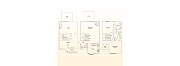 A floor plan of a house with a living room, two bedrooms, a bathroom, a laundry area, and a patio.
