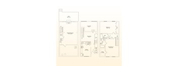 A floor plan of a house with a deck, living room, dining room, kitchen, and two bathrooms.