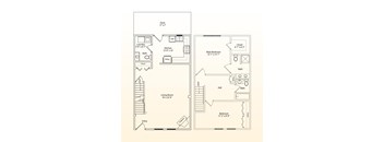 A floor plan of a two-story house with a living room, kitchen, two bedrooms, and a bathroom.