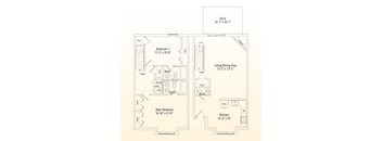 A floor plan of a house with a deck, two bedrooms, a living/dining area, a kitchen, and a main bathroom.