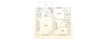 A floor plan of a small apartment with a living room, kitchen, bathroom, and two bedrooms.