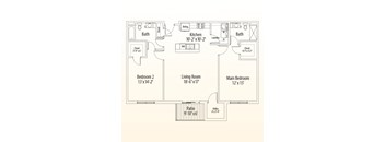 A floor plan of a home with three bedrooms, a living room, a kitchen, two bathrooms, a pantry, and a utility space.