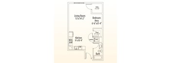 A floor plan of a small apartment with a living room, kitchen, bedroom area, and bathroom.