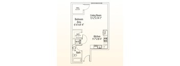 A floor plan of a small apartment with a living room, bedroom, kitchen, and bathroom.