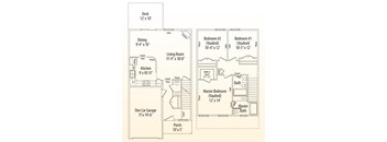 A floor plan of a house with a deck, two bedrooms, a living room, a kitchen, a dining area, a one car garage, and a porch.