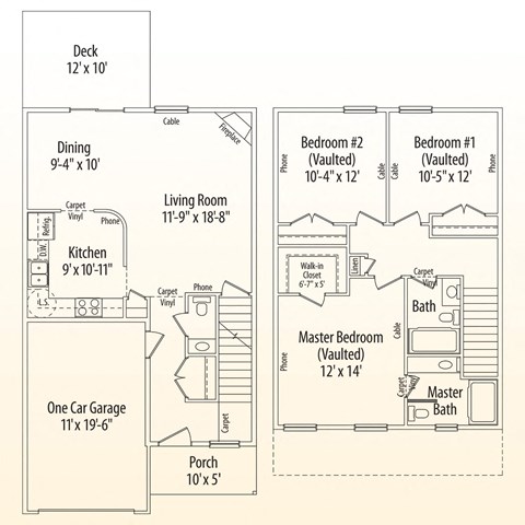 A floor plan of a house with a deck, two bedrooms, a living room, a kitchen, a dining area, a one car garage, and a porch.