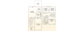 A floor plan of a house with a living room, kitchen, two bedrooms, a bathroom, a porch, and a garage.