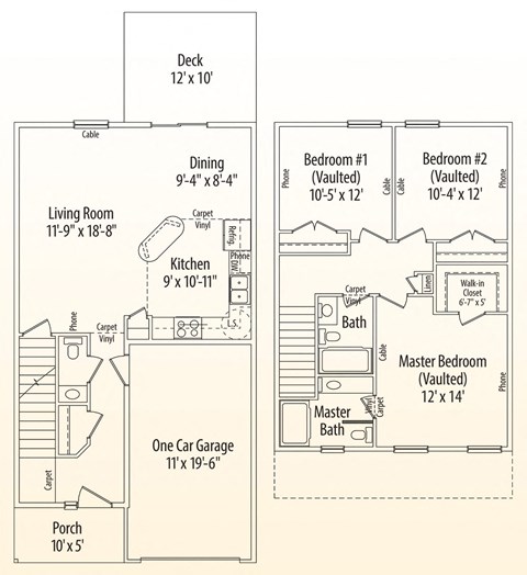 A floor plan of a house with a living room, kitchen, two bedrooms, a bathroom, a porch, and a garage.