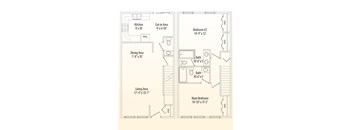 A floor plan of a small apartment with a living area, dining area, kitchen, and two bedrooms.