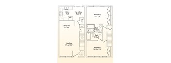 A floor plan of a small apartment with a living area, dining area, kitchen, and two bedrooms.