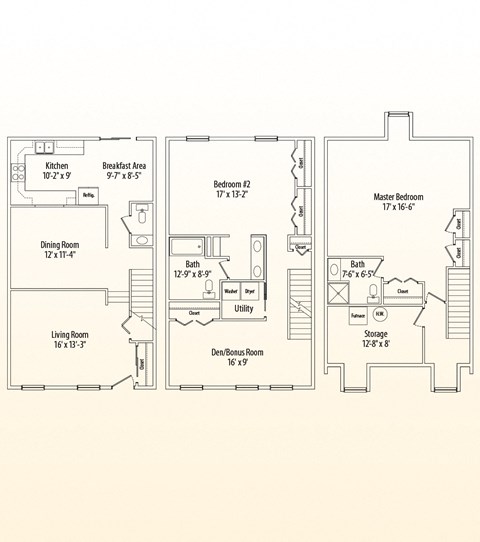 a floor plan of three different rooms of a house