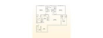 A floor plan of a house with two bedrooms, a living area, a kitchen, a dining area, a laundry room, and a patio/porch.