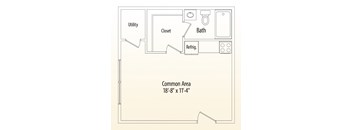 A floor plan of a small apartment with a utility, closet, bath, and refrigerator.