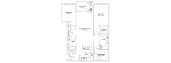 A floor plan of a house with two bedrooms, a living and dining area, a kitchen, a laundry room, a bath, a foyer, a pantry, and a patio/balcony.