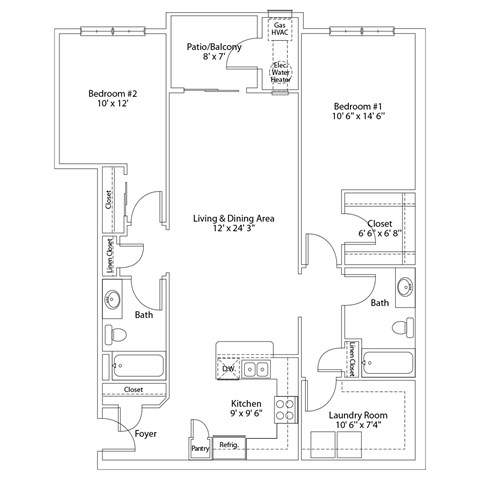 A floor plan of a house with two bedrooms, a living and dining area, a kitchen, a laundry room, a bath, a foyer, a pantry, and a patio/balcony.