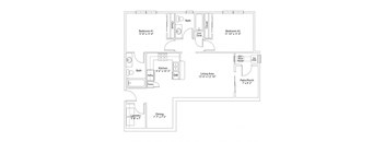 A floor plan of a house with two bedrooms, a living area, a kitchen, a dining area, a laundry room, a pantry, a bathroom, a closet, and a patio/porch.