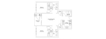 A floor plan of a house with two bedrooms, a living and dining area, a kitchen, a pantry, a laundry room, and storage.