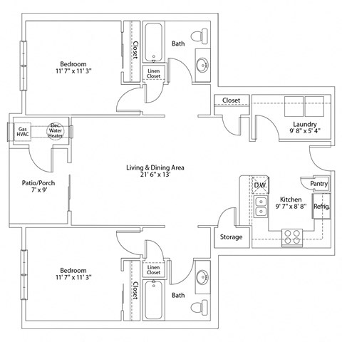 A floor plan of a house with two bedrooms, a living and dining area, a kitchen, a pantry, a laundry room, and storage.