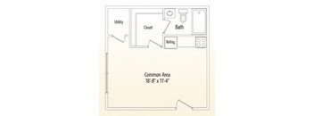 A floor plan of a small apartment with a utility, closet, bath, and refrigerator.