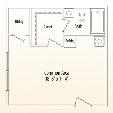 A floor plan of a small apartment with a utility, closet, bath, and refrigerator.