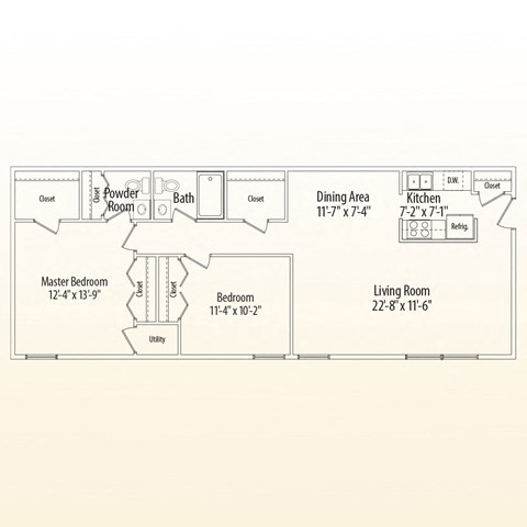 A floor plan of a home with a master bedroom, living room, dining area, kitchen, powder room, and bath.