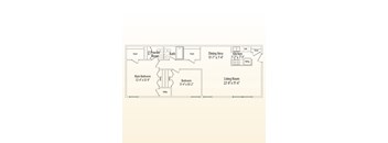 A floor plan of a small apartment with a living room, dining area, kitchen, bathroom, powder room, and two bedrooms.